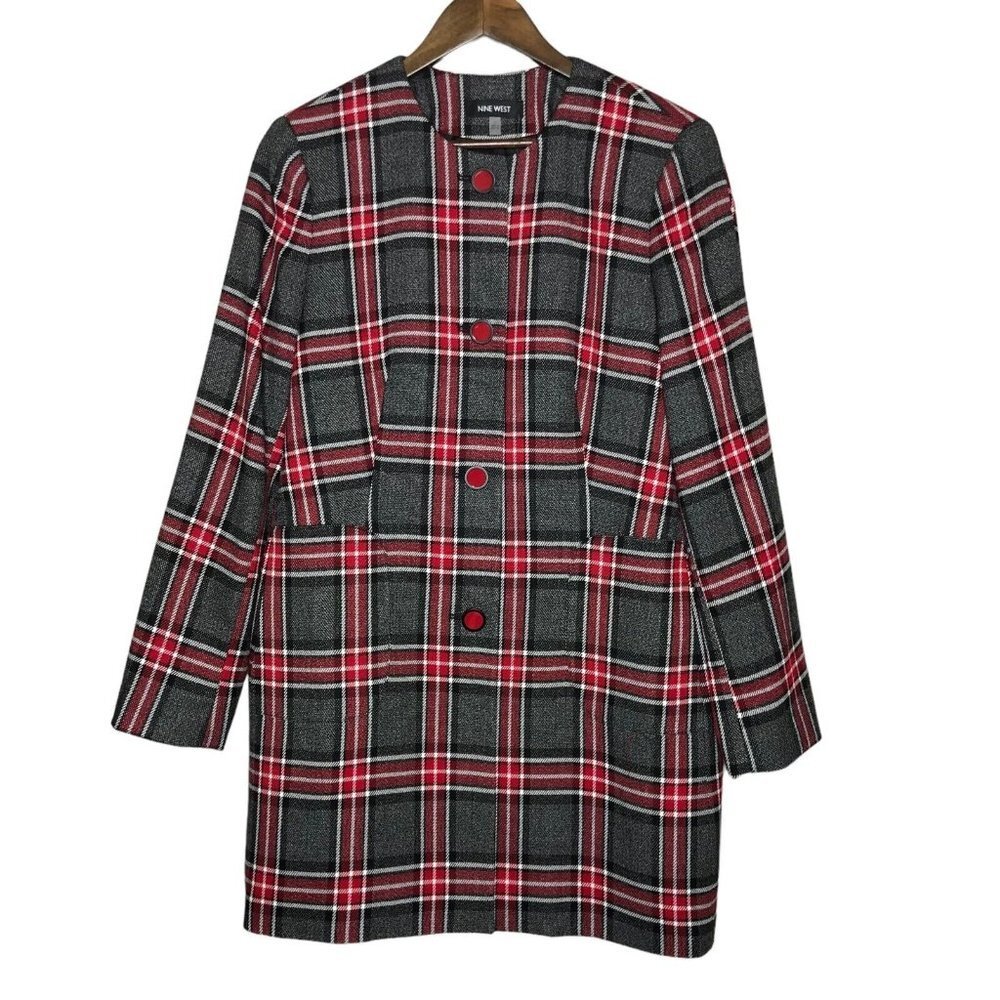 Nine‎ West NWT Women's Red and Grey Plaid Coat Size 10 Button Front